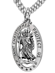 Men's 925 Sterling Silver Saint Christopher Oval Antique Pierced Pendant Necklace, 32mm - US Jewels