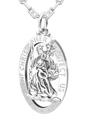 Men's 925 Sterling Silver Saint Christopher Oval Polished Pierced Pendant Necklace, 32mm - US Jewels