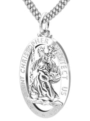 Men's 925 Sterling Silver Saint Christopher Oval Polished Pierced Pendant Necklace, 32mm - US Jewels