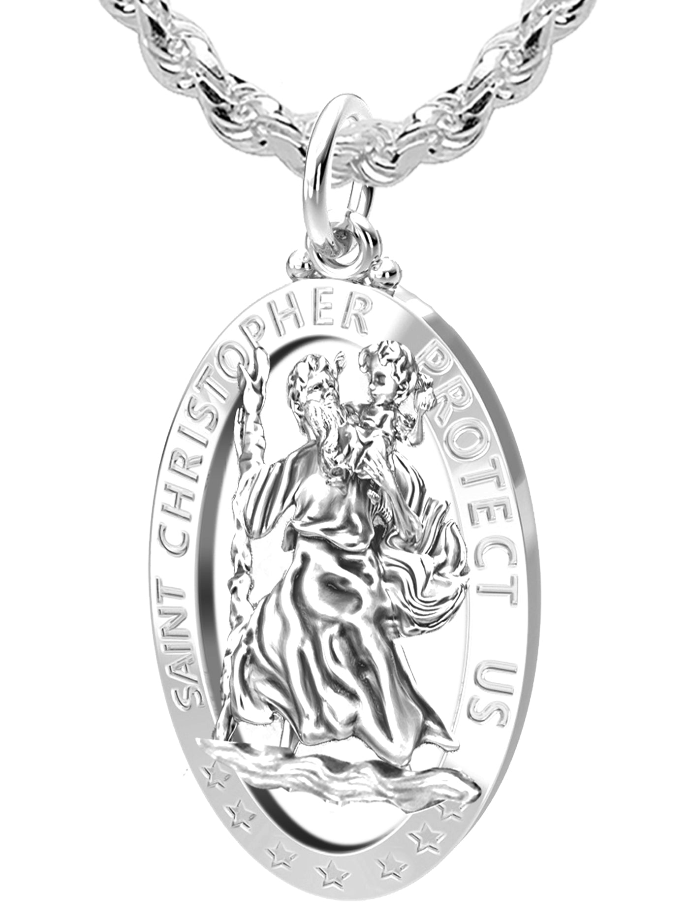 Blue Oval Saint Christopher Protect Us Words Pendant In 925