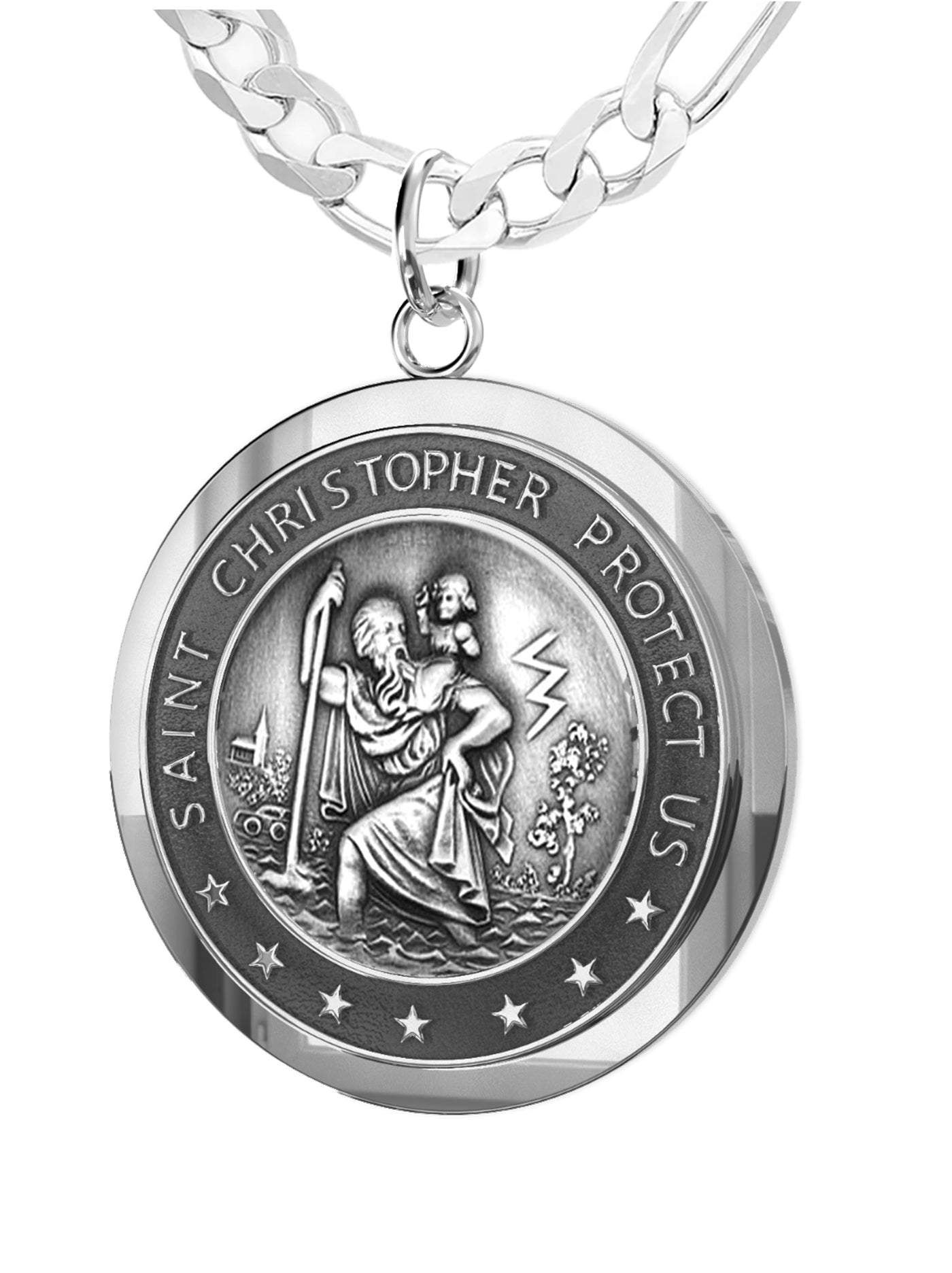 Men's 925 Sterling Silver Saint Christopher Round Antique Pendant Necklace,  25mm - 22in 3.2mm Figaro Chain