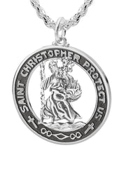 Men's 925 Sterling Silver Saint Christopher Round Antique Pendant Necklace, 28mm - US Jewels