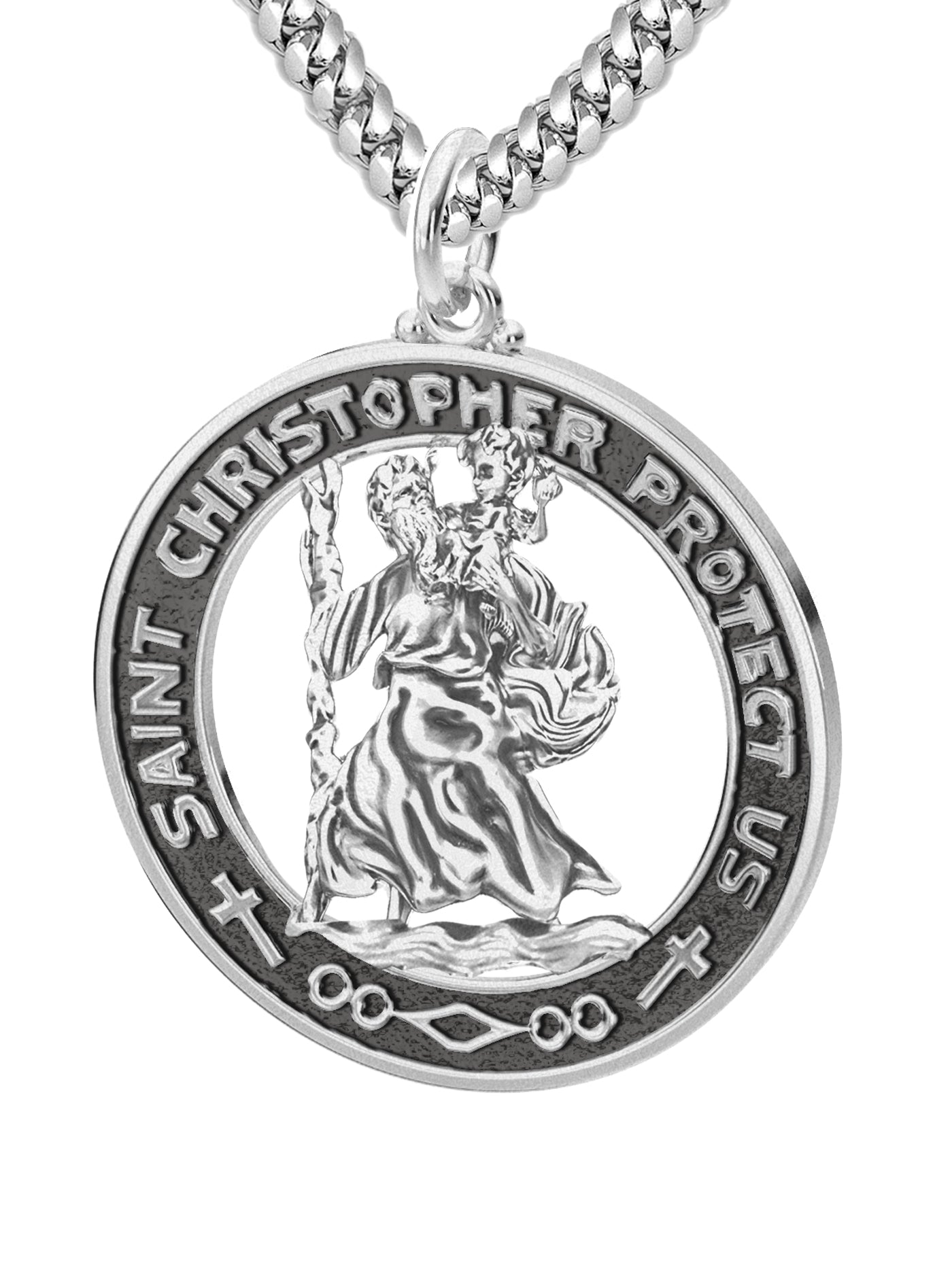 Men's 925 Sterling Silver Saint Christopher Round Antique Pendant Necklace, 28mm - US Jewels