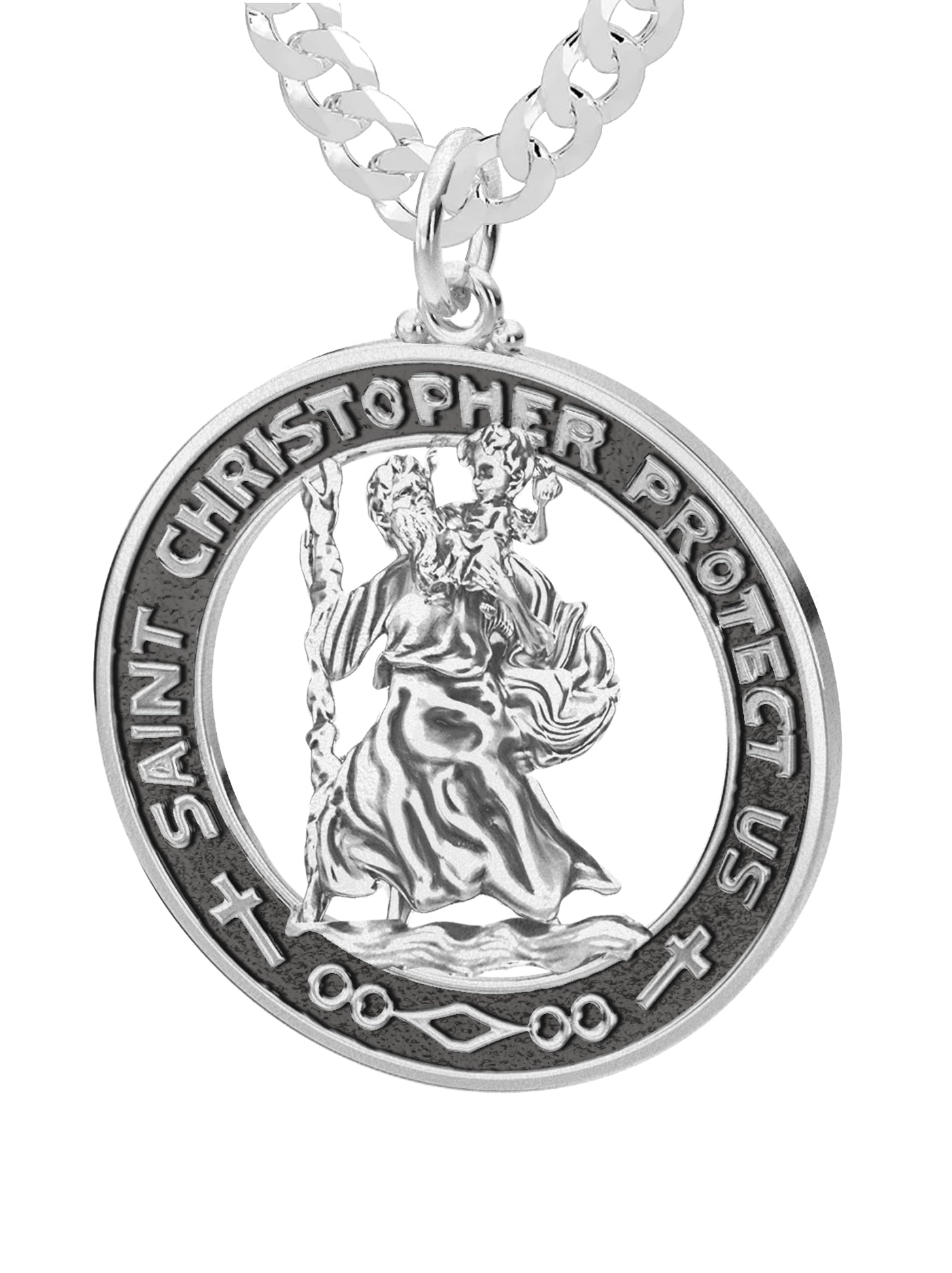 Men's 925 Sterling Silver Saint Christopher Round Antique Pendant Necklace, 28mm - US Jewels