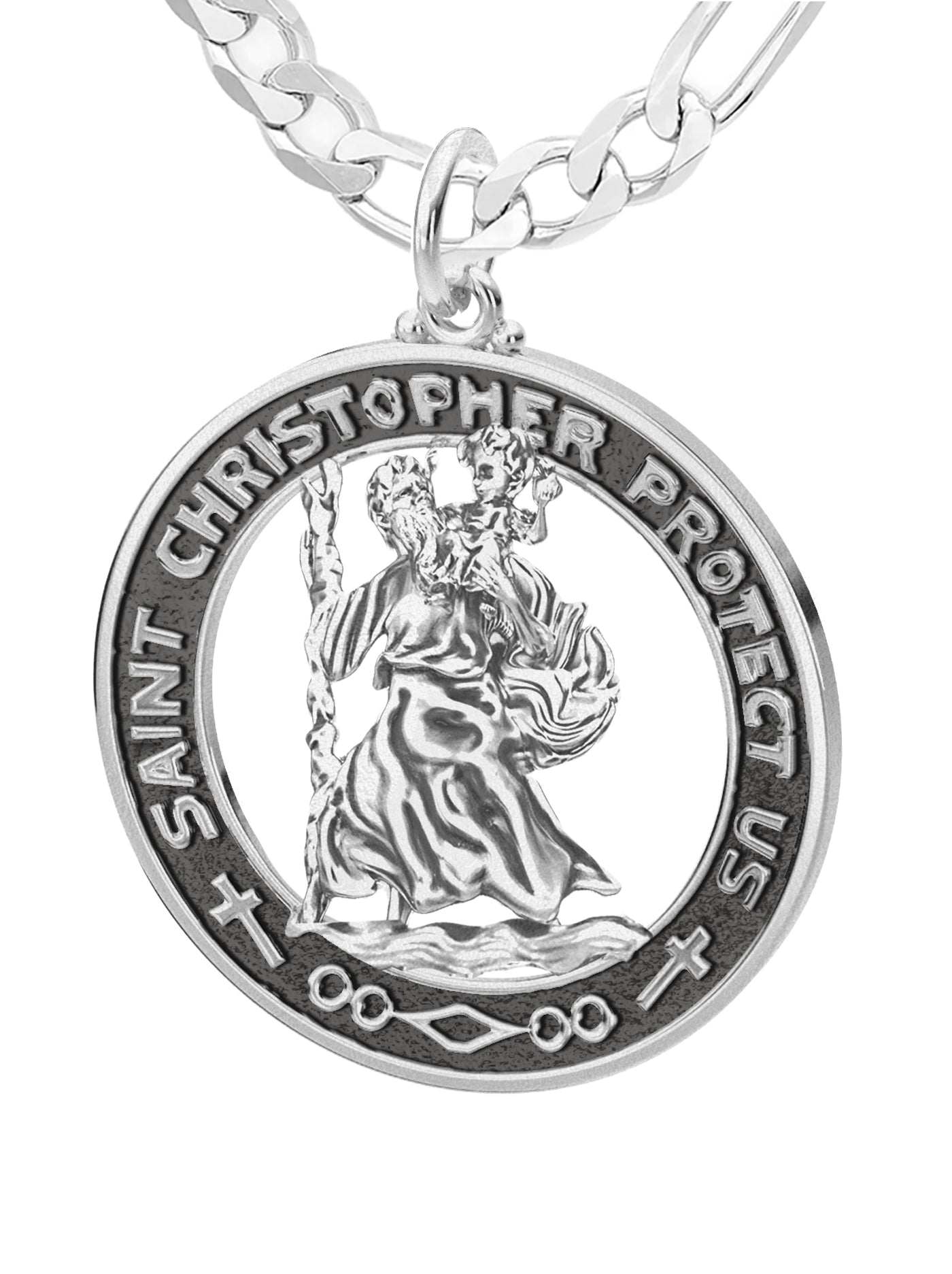 Men's 925 Sterling Silver Saint Christopher Round Antique Pendant Necklace, 28mm - US Jewels