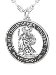 Men's 925 Sterling Silver Saint Christopher Round Antique Pendant Necklace, 28mm - US Jewels