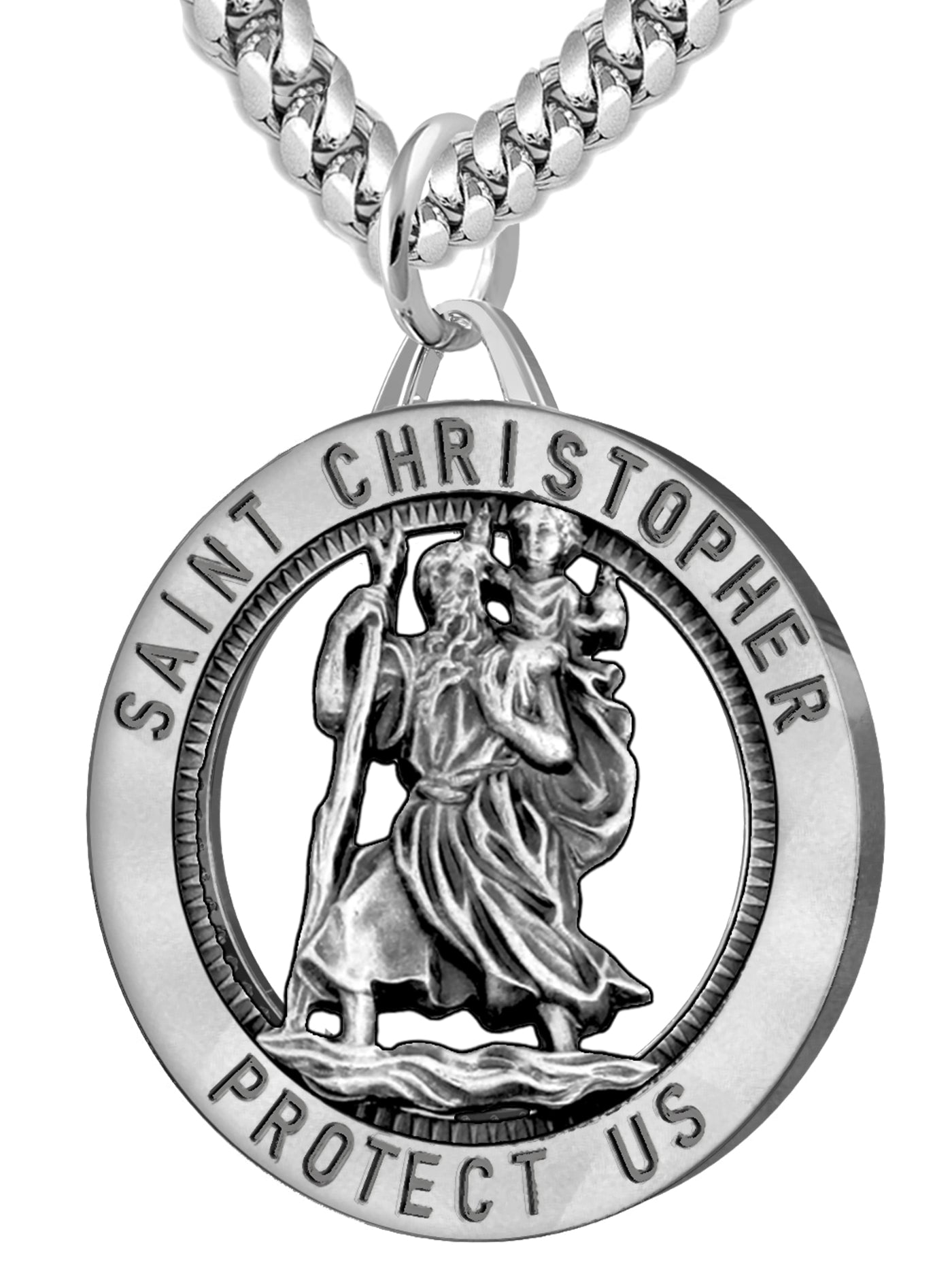 Men's 925 Sterling Silver Saint Christopher Round Antique Pendant Necklace, 32mm - US Jewels