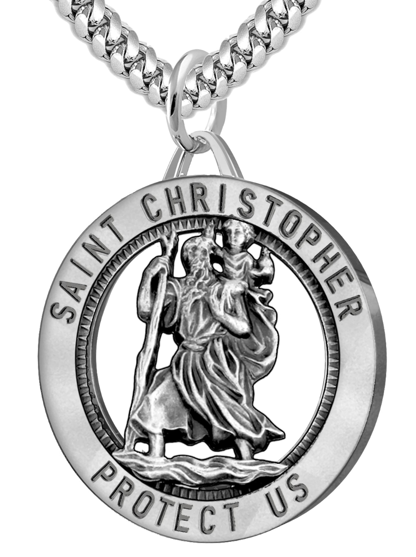 Men's 925 Sterling Silver Saint Christopher Round Antique Pendant Necklace, 32mm - US Jewels