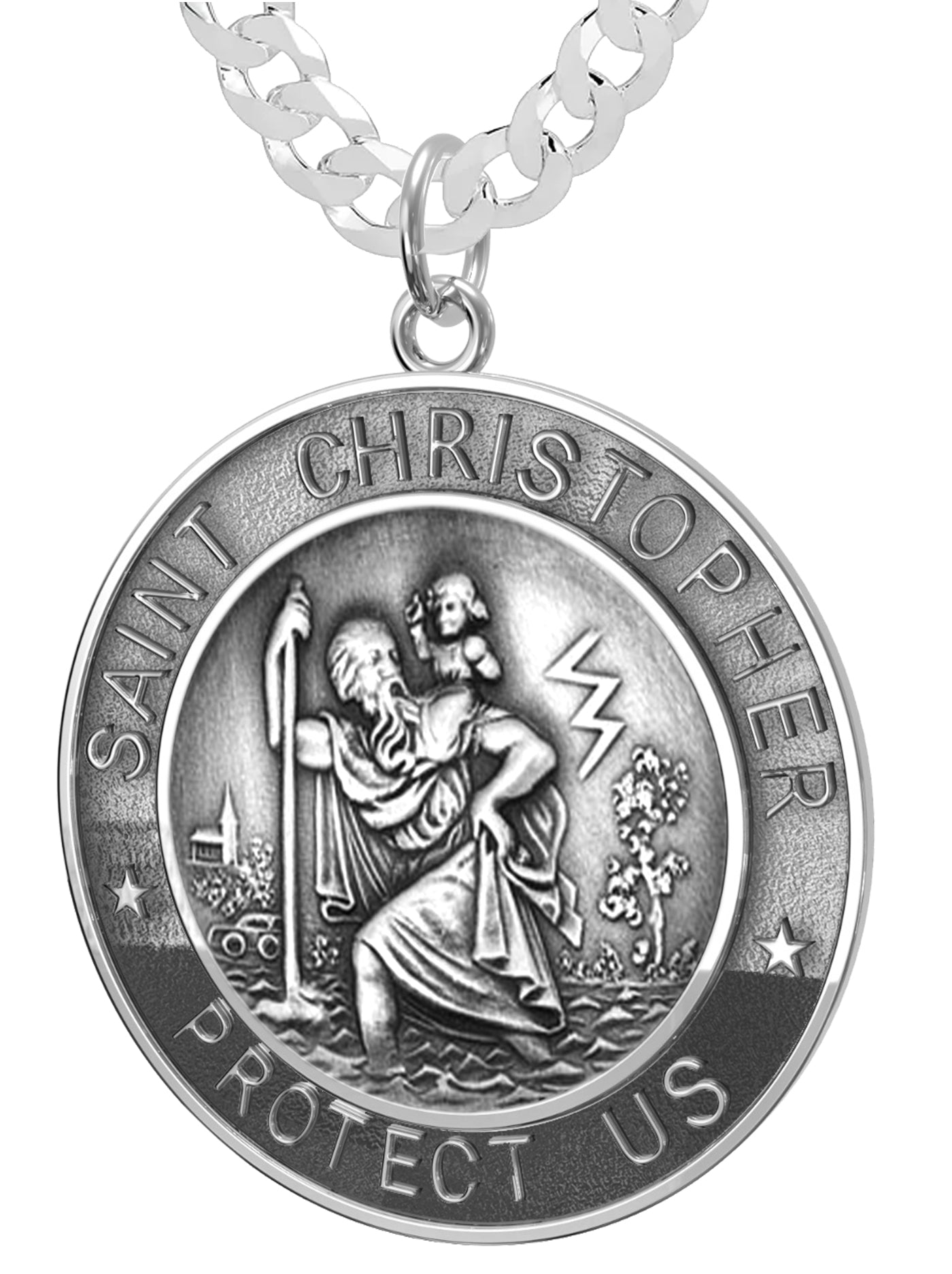 Men's 925 Sterling Silver Saint Christopher Round Antique Pendant Necklace, 33mm - US Jewels