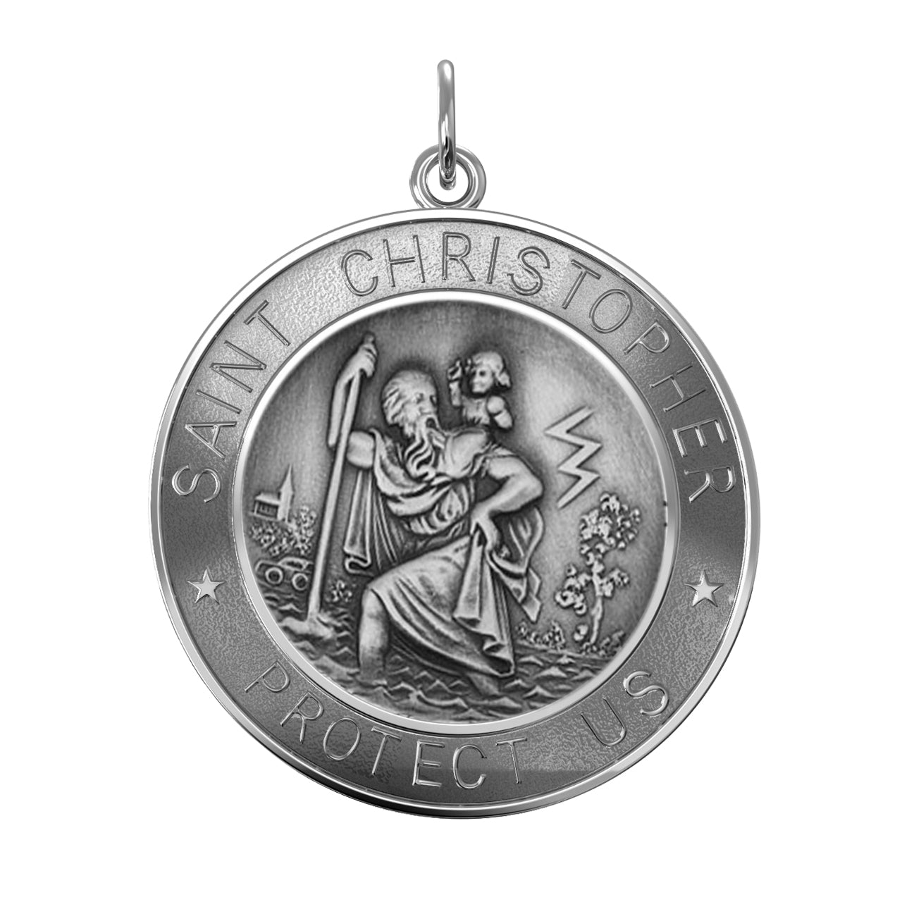 Men's 925 Sterling Silver Saint Christopher Round Antique Pendant Necklace, 33mm - US Jewels