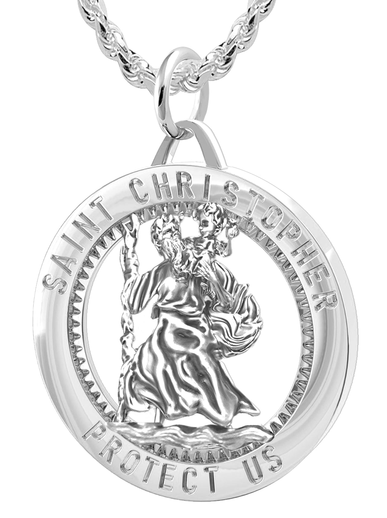 Men's 925 Sterling Silver Saint Christopher Round Polished Pendant Necklace, 32mm - US Jewels
