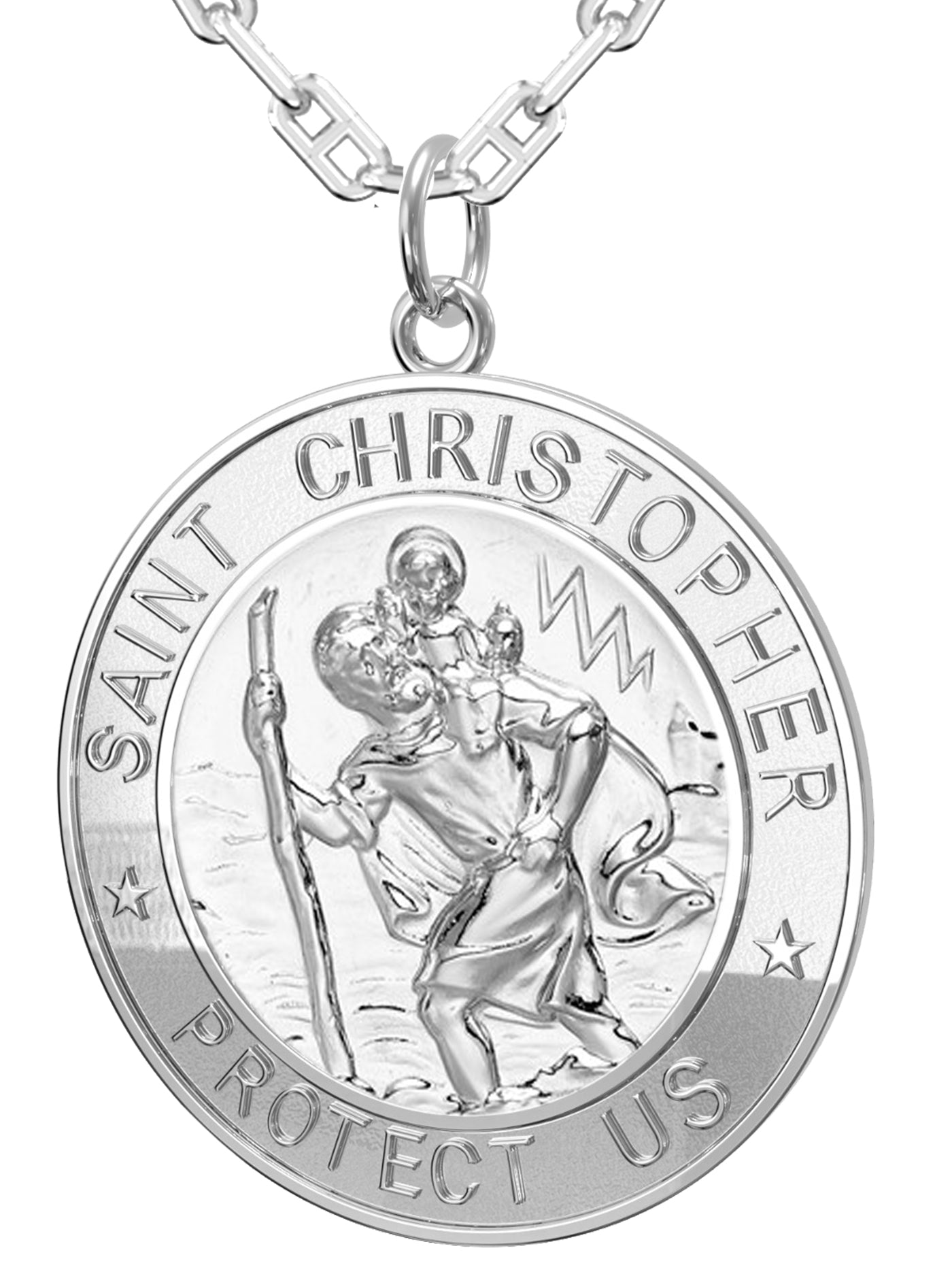Men's 925 Sterling Silver Saint Christopher Round Polished Pendant Necklace, 33mm - US Jewels