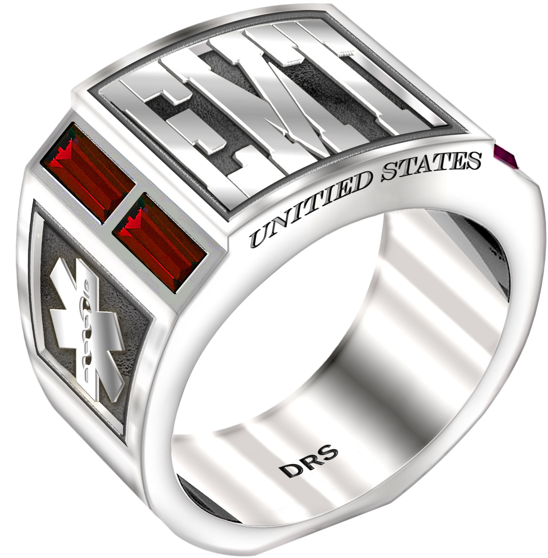 Men's 925 Sterling Silver Simulated Ruby EMT Medical Ring - US Jewels