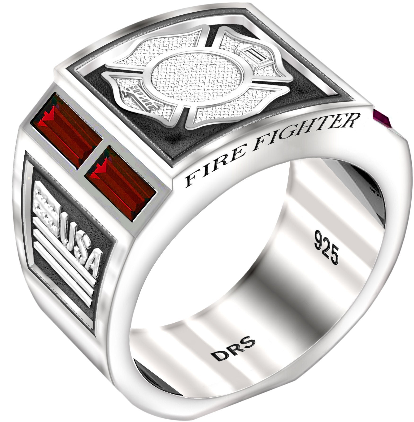 Men's 925 Sterling Silver Simulated Ruby Fire Fighter Ring - US Jewels