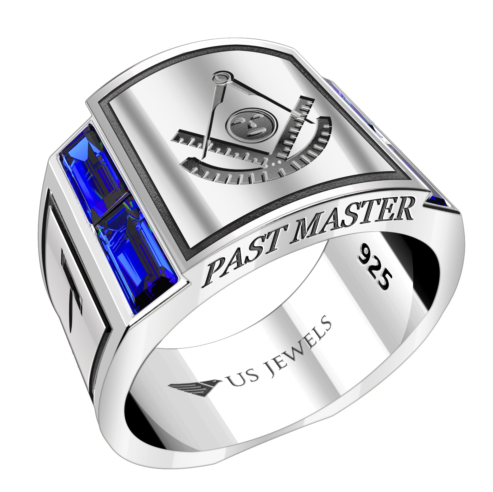 Men's 925 Sterling Silver Synthetic Sapphire Past Master Freemason Masonic Ring - US Jewels