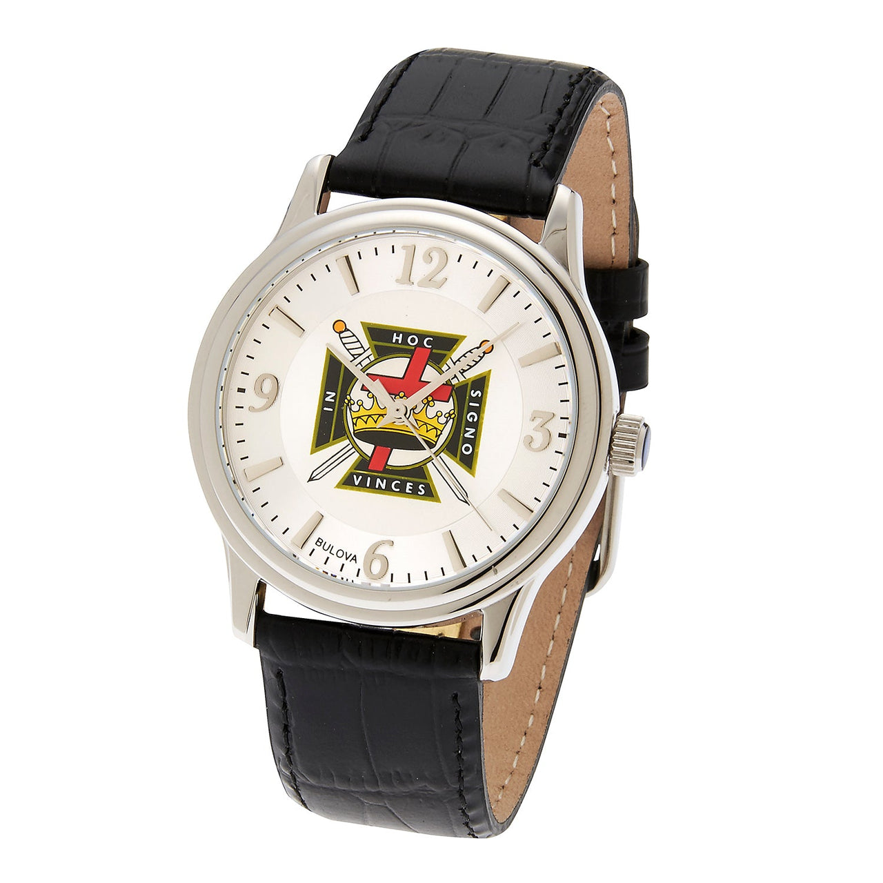 Men's Bulova Stainless Steel Freemason Knights Templar Watch with Black Leather Strap - US Jewels