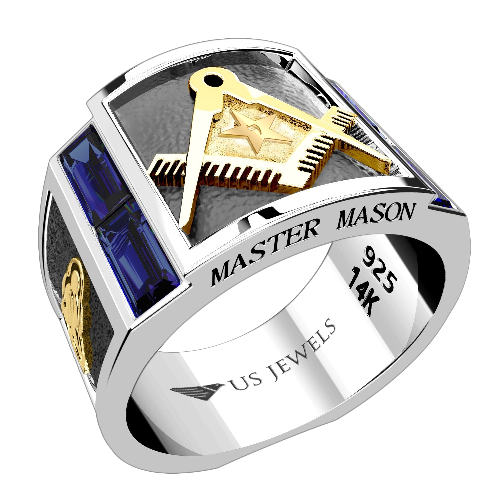 Men's Co-Masonry Master Mason Two Tone 925 Sterling Silver and 14k Yellow Gold Synthetic Sapphire Ring - US Jewels