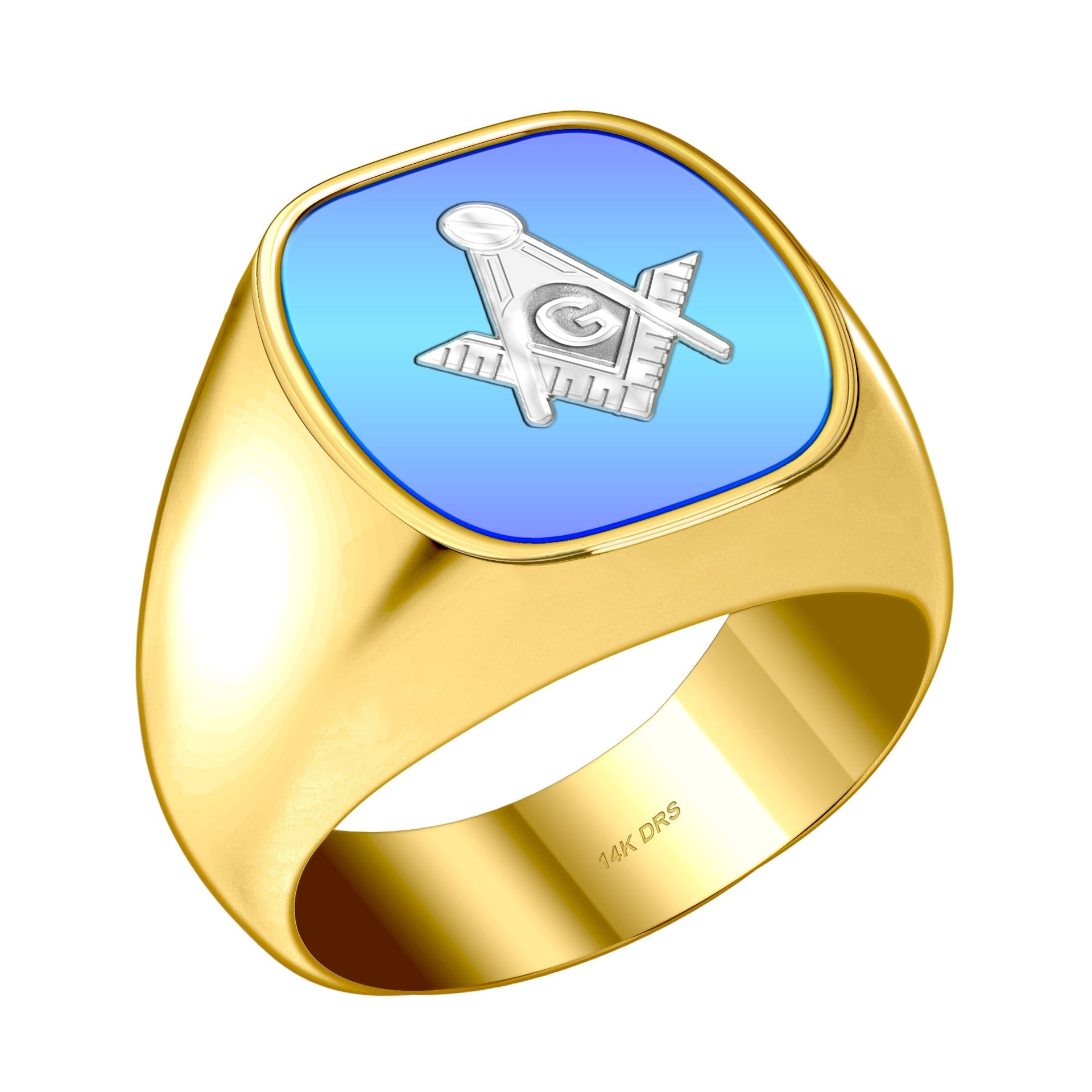 Men's 10k Yellow Gold Freemason Ring – Blue Stone Square & Compass Masonic Symbol (Size 4)