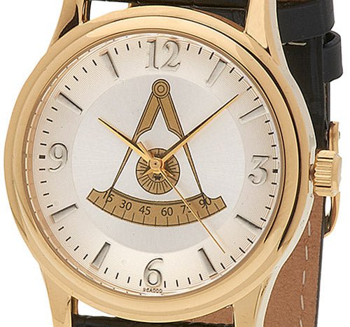 Men's Gold Plated Bulova Masonic Past Master Watch w/ Black Leather Strap