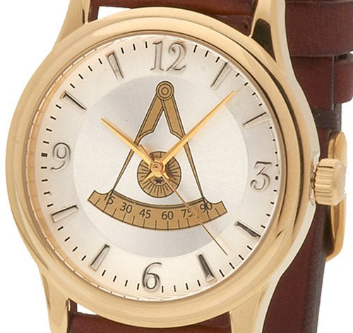 Men's Gold Plated Bulova Masonic Past Master Watch w/ Brown Leather Strap - US Jewels