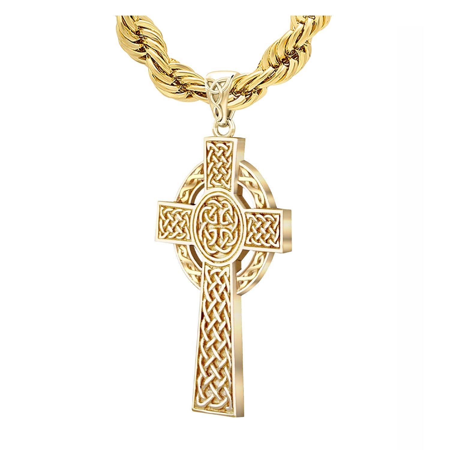 Men's Heavy 11g Solid 14k Yellow Celtic Cross Pendant Necklace, Polished Finish - US Jewels