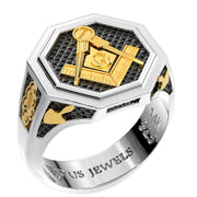 Men's Heavy 925 Sterling Silver & 14K Yellow Gold Master Mason Octagon Ring - US Jewels