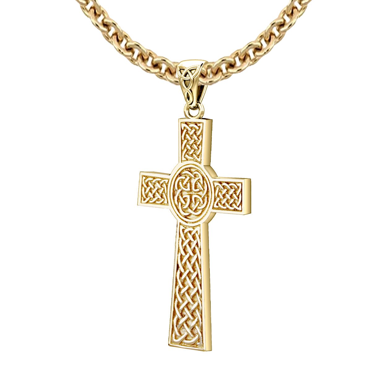 Men's Heavy Solid 14k Yellow Celtic Cross Pendant Necklace, Antique Finish 43mm - US Jewels