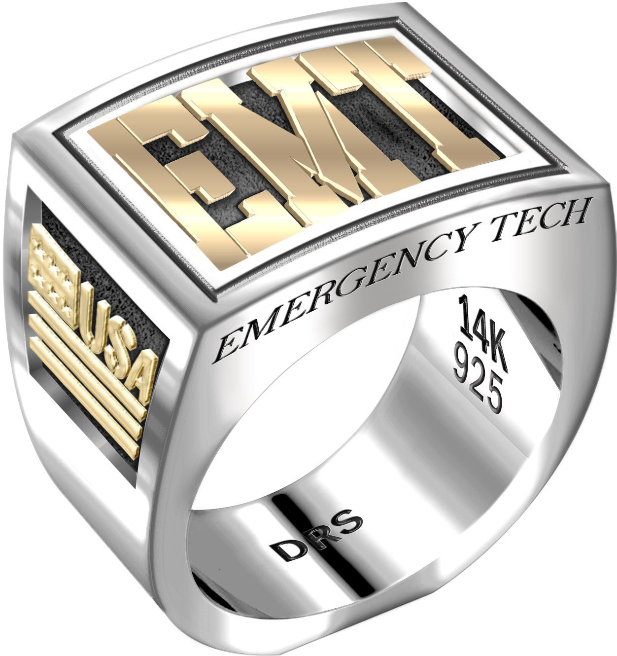 Men's Heavy Two Tone 925 Sterling Silver and 14k Yellow Gold EMT Ring Band - US Jewels