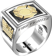 Men's Heavy Two Tone 925 Sterling Silver and 14k Yellow Gold Fire Fighter Ring Band - US Jewels