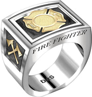 Men's Heavy Two Tone 925 Sterling Silver and 14k Yellow Gold Fire Fighter Ring Band - US Jewels
