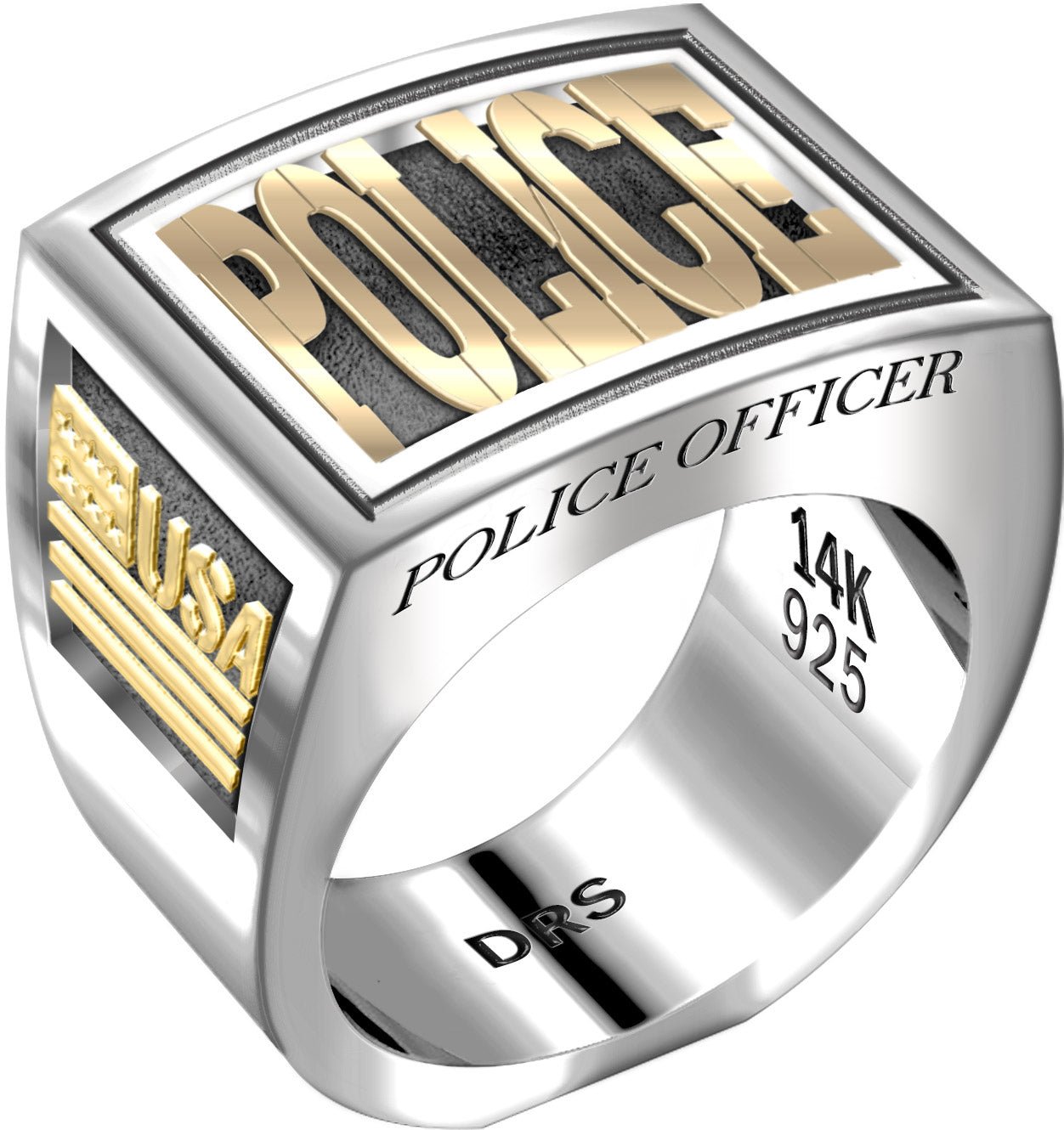 Men's Heavy Two Tone 925 Sterling Silver and 14k Yellow Gold Police Officer Ring Band - US Jewels