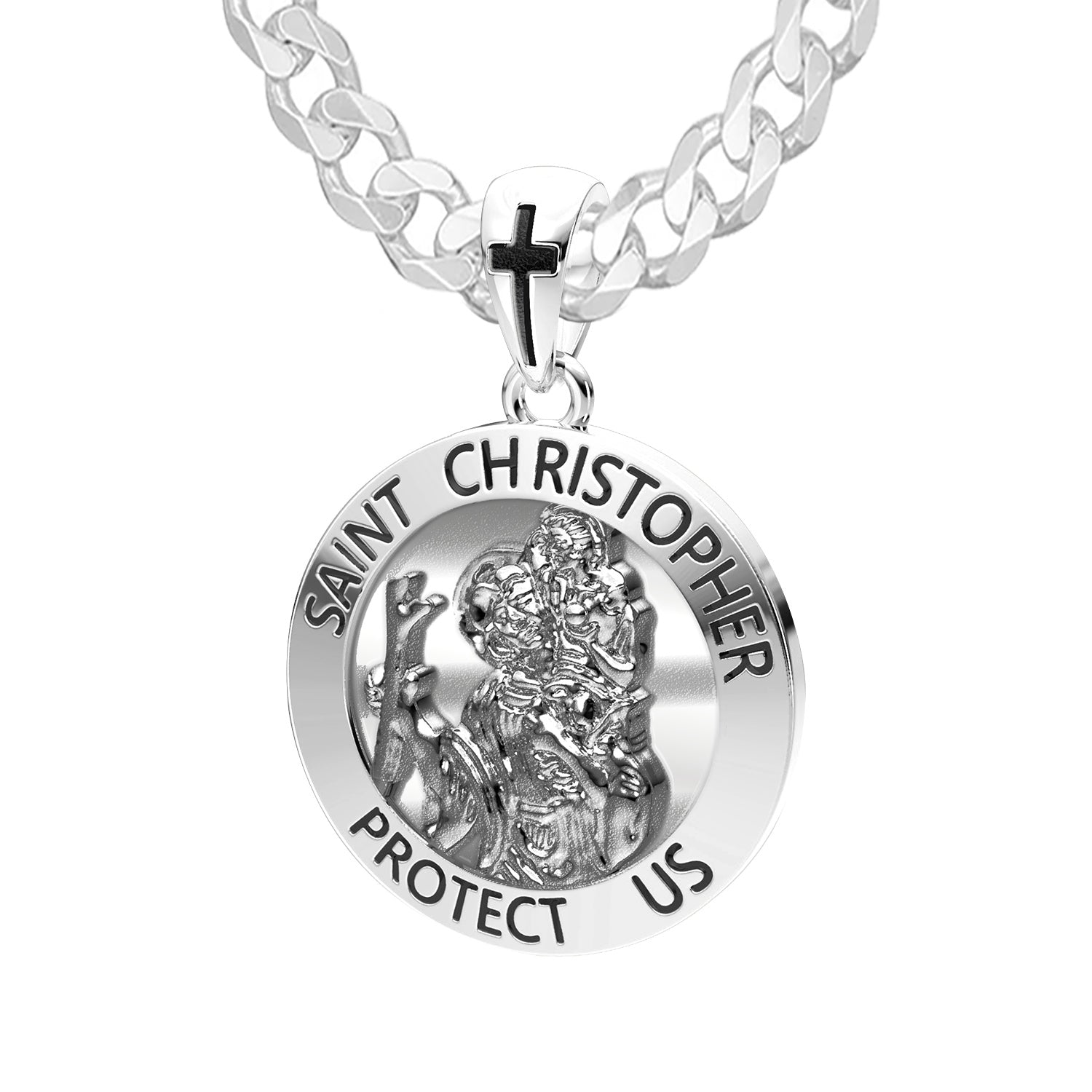 Men's Large 925 Silver Saint Christopher Medal Round Necklace, 32mm - US Jewels