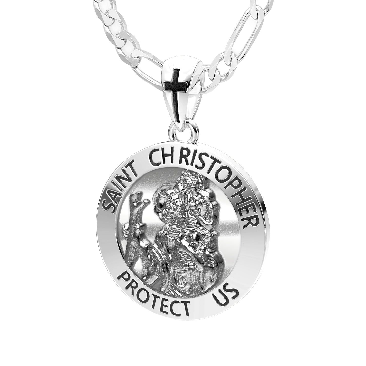 Men's Large 925 Silver Saint Christopher Medal Round Necklace, 32mm - US Jewels