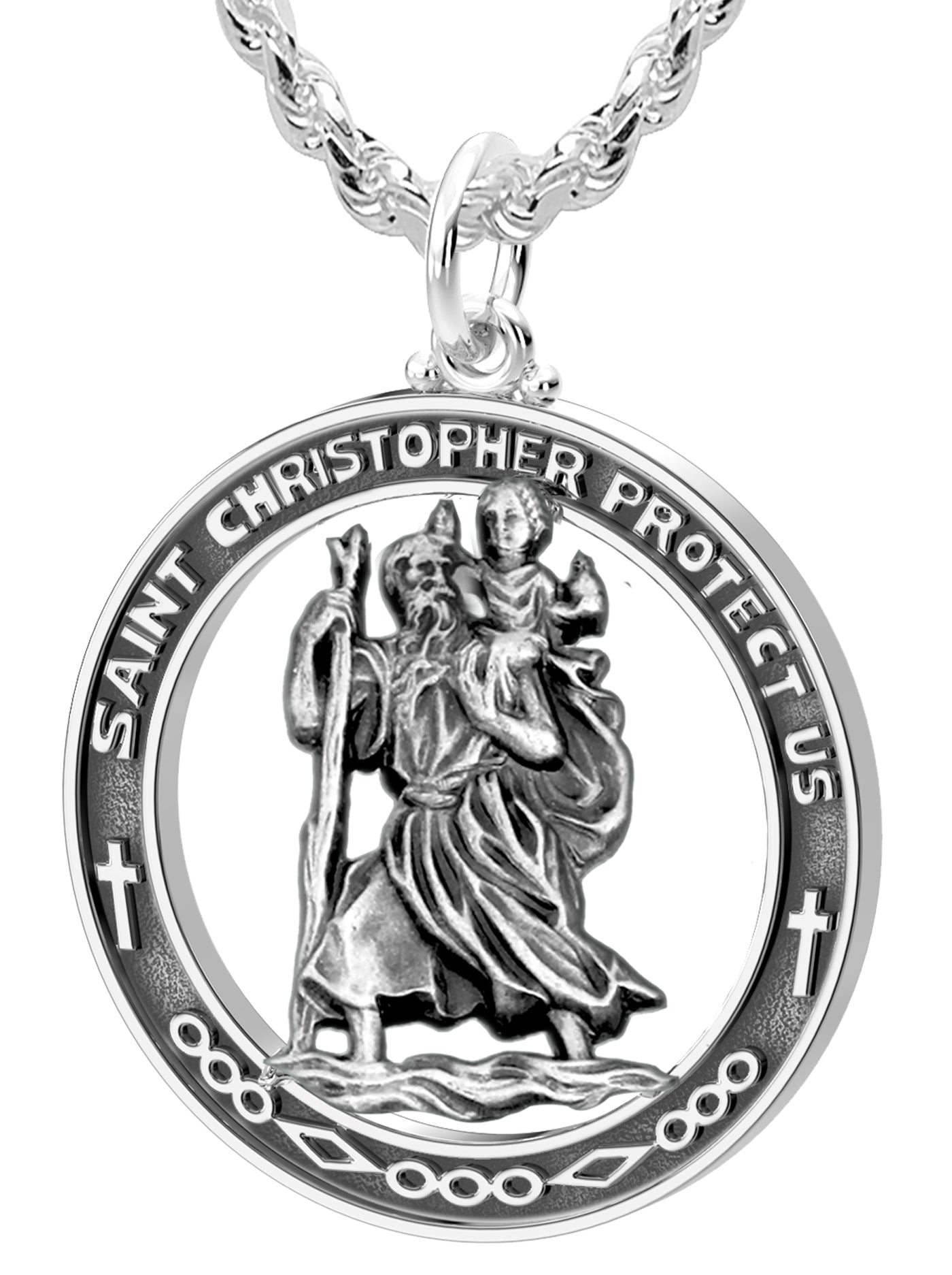 Men's Large 925 Sterling Silver Saint Christopher Round Antique Pendant Necklace, 37mm - US Jewels