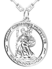 Men's Large 925 Sterling Silver Saint Christopher Round Polished Pendant Necklace, 37mm - US Jewels