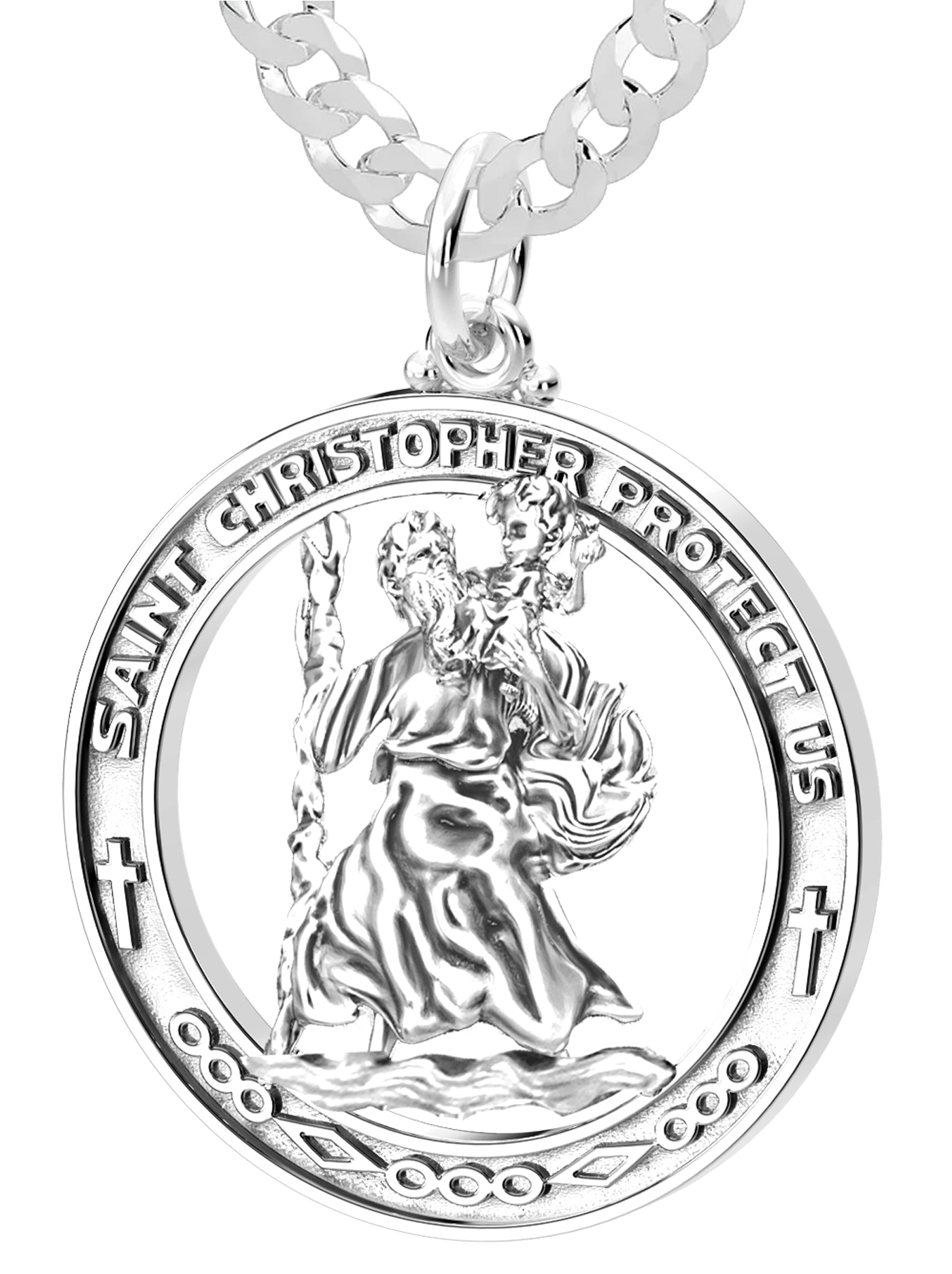 Men's Large 925 Sterling Silver Saint Christopher Round Polished Pendant Necklace, 37mm - US Jewels