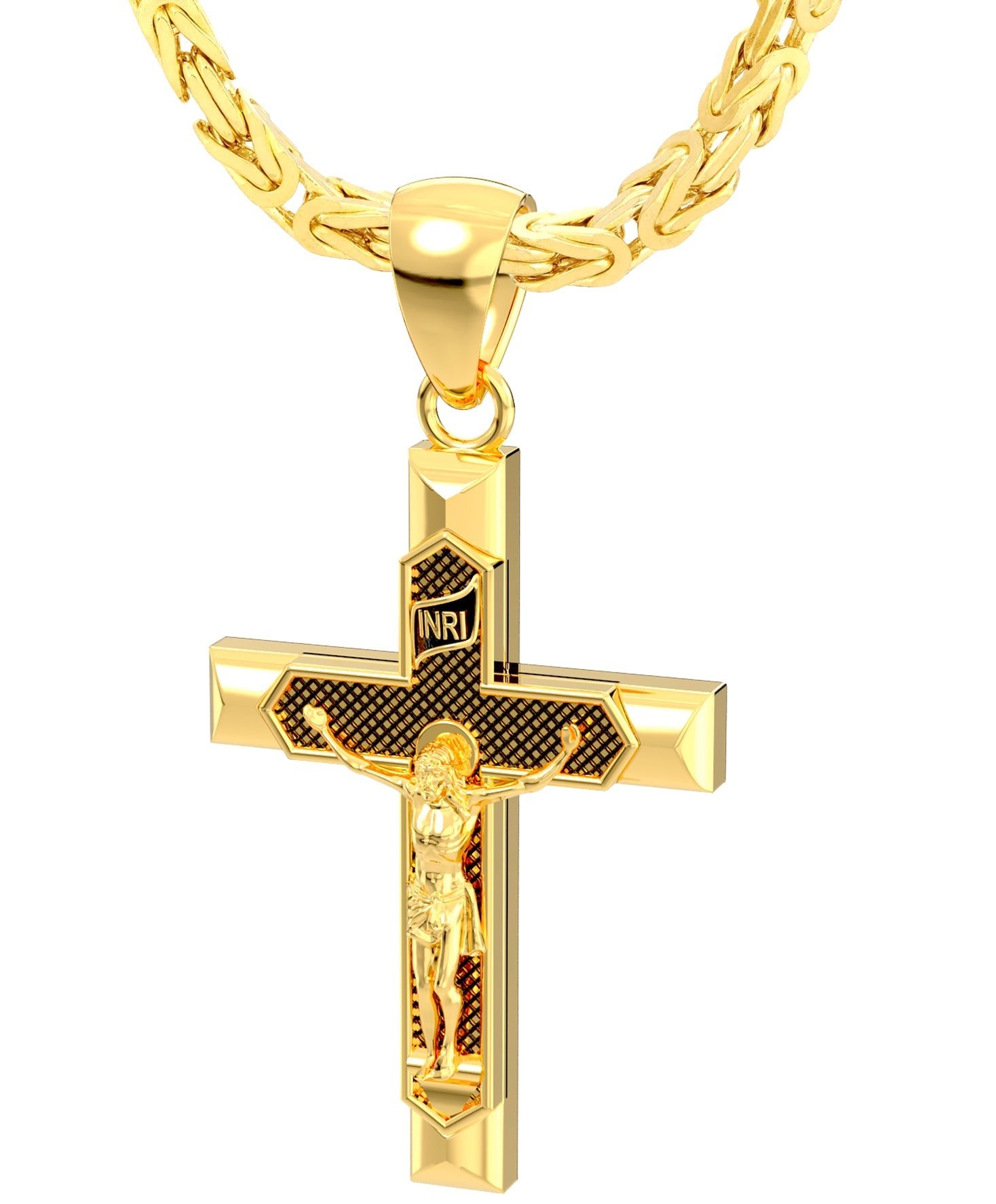 Christian Cross Necklace - Men Pendant In Yellow Gold