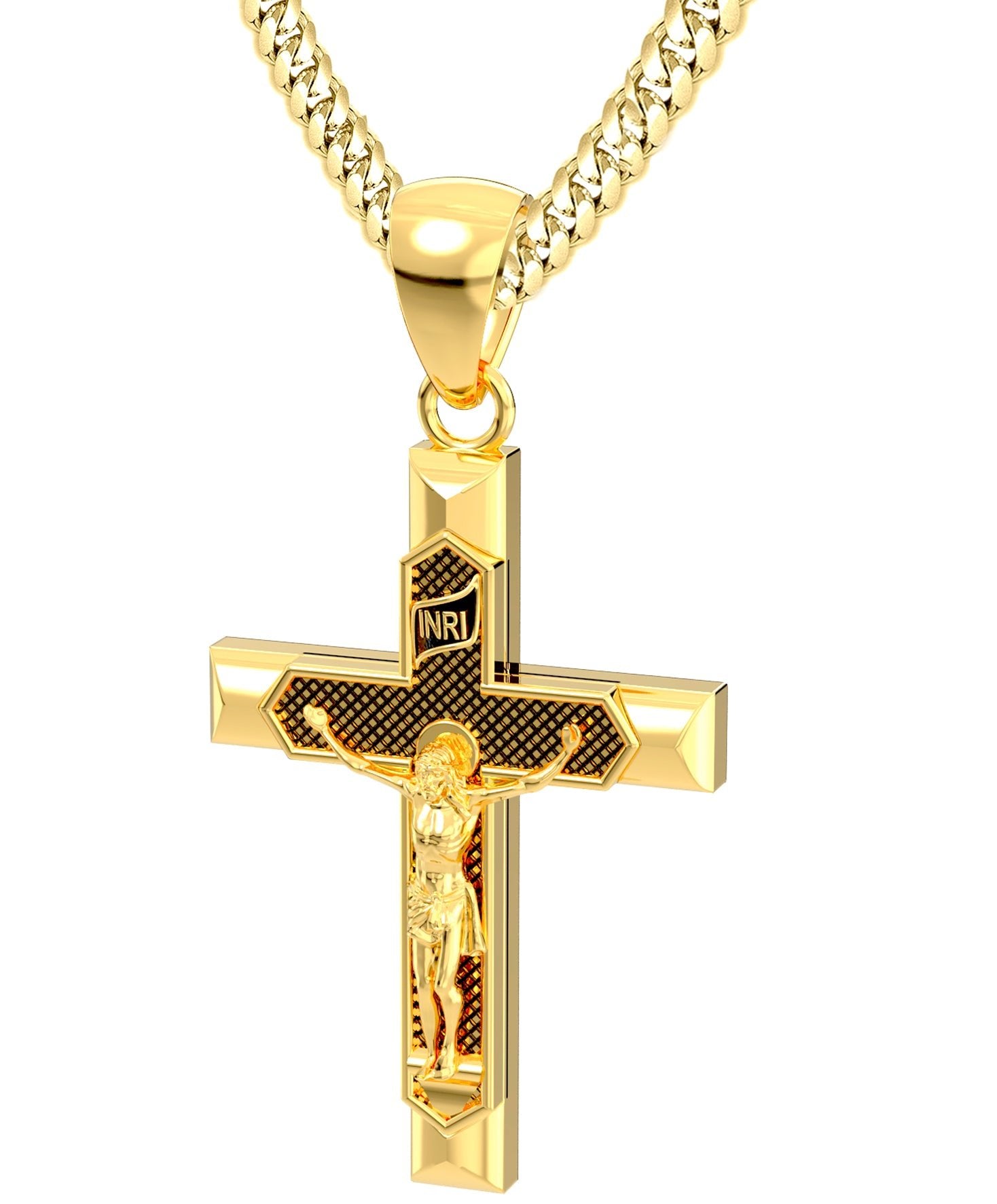 Men's Large Heavy Solid 14K Yellow Gold Crucifix Cross Pendant Necklace, 43mm - US Jewels