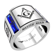 Men's Master Mason 925 Sterling Silver Synthetic Sapphire Freemason Masonic Ring - US Jewels