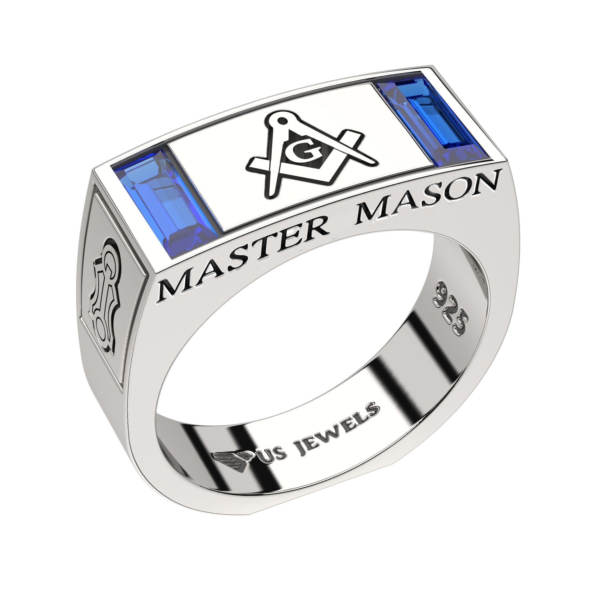 Men's Master Mason 925 Sterling Silver Synthetic Sapphire Freemason Ring - US Jewels