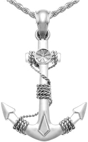 Men's Nautical 1in 925 Sterling Silver 3D Anchor with Rope Pendant Necklace - US Jewels