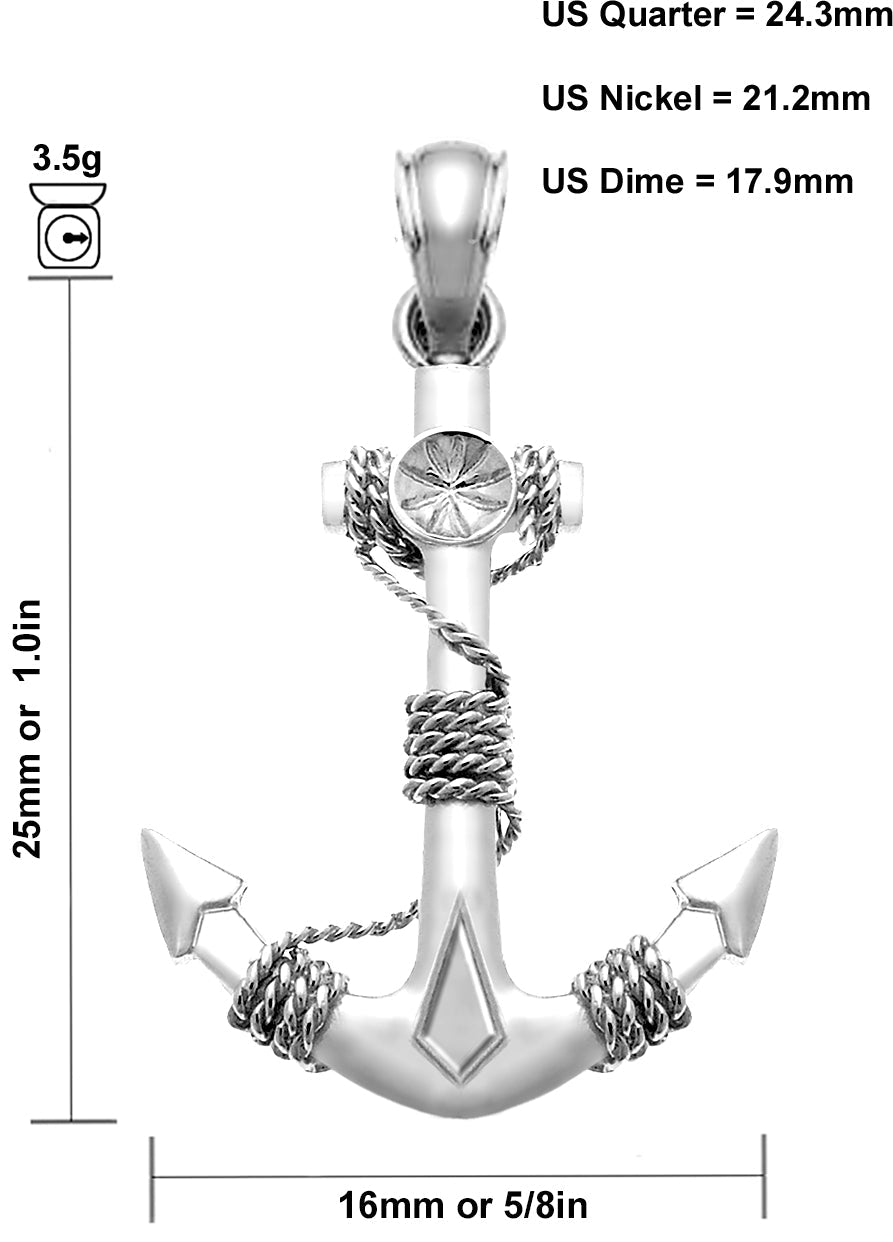 Men's Nautical 1in 925 Sterling Silver 3D Anchor with Rope Pendant Necklace - US Jewels