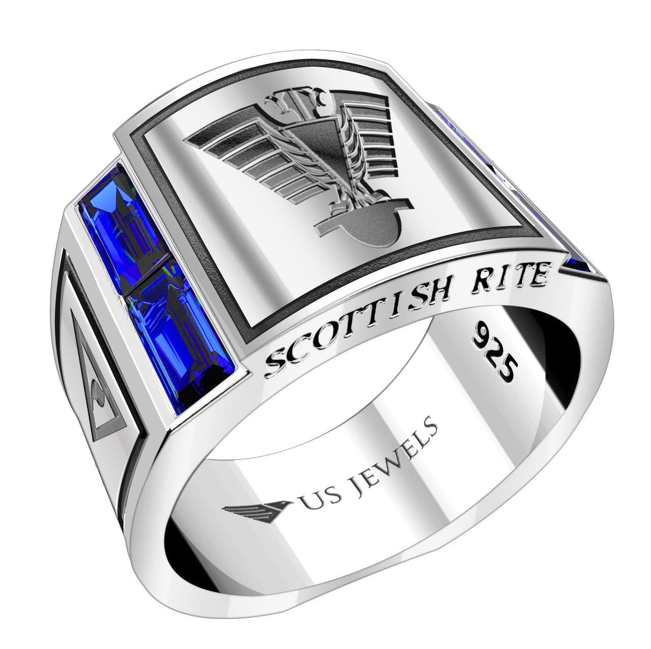 Men's Scottish Rite 925 Sterling Silver Synthetic Sapphire Freemason Masonic Ring - US Jewels