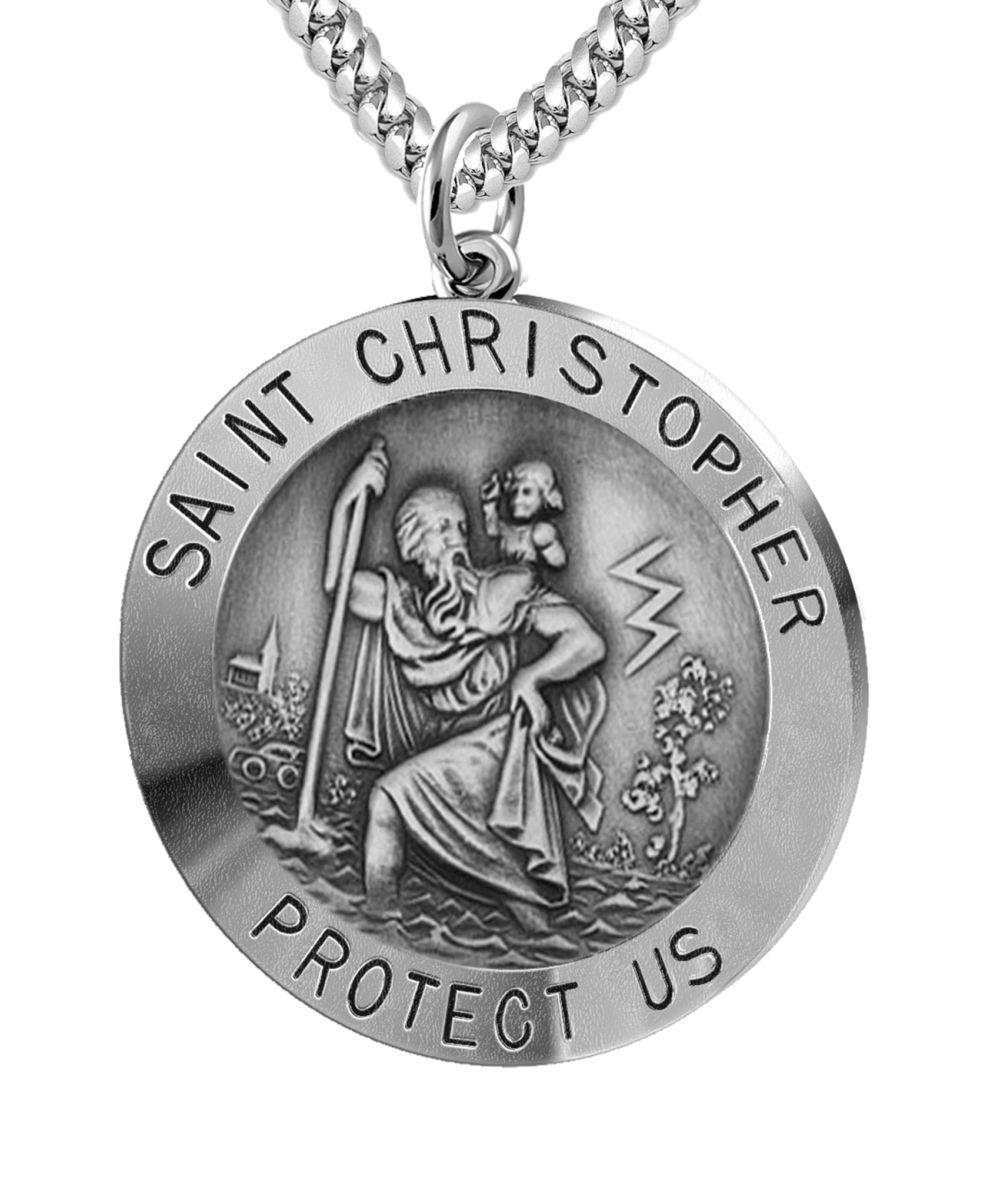 Men's Solid 925 Sterling Silver Saint Christopher Round Antique Pendant Necklace, 25mm - US Jewels