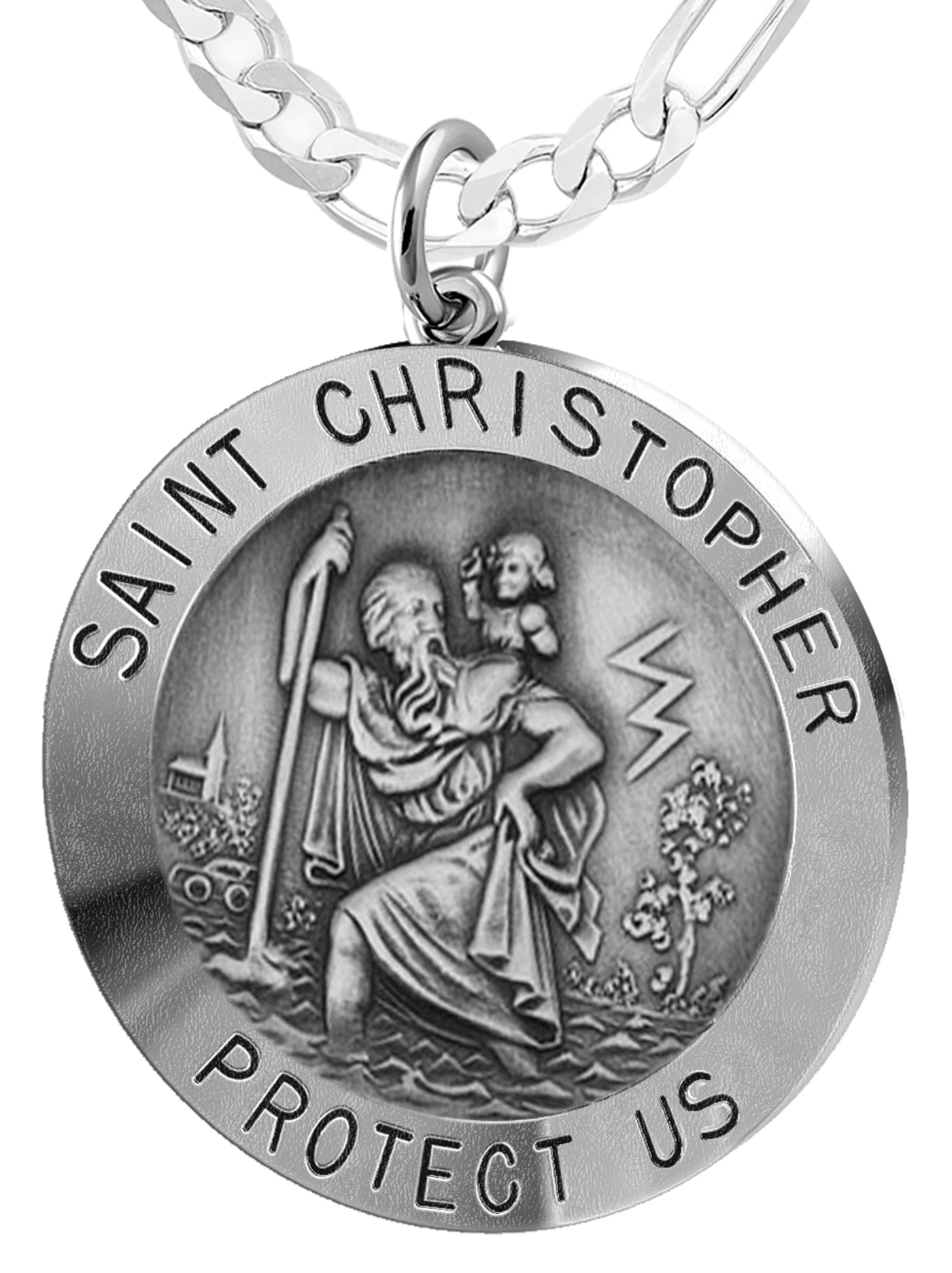 Men's Solid 925 Sterling Silver Saint Christopher Round Antique Pendant Necklace, 25mm - US Jewels