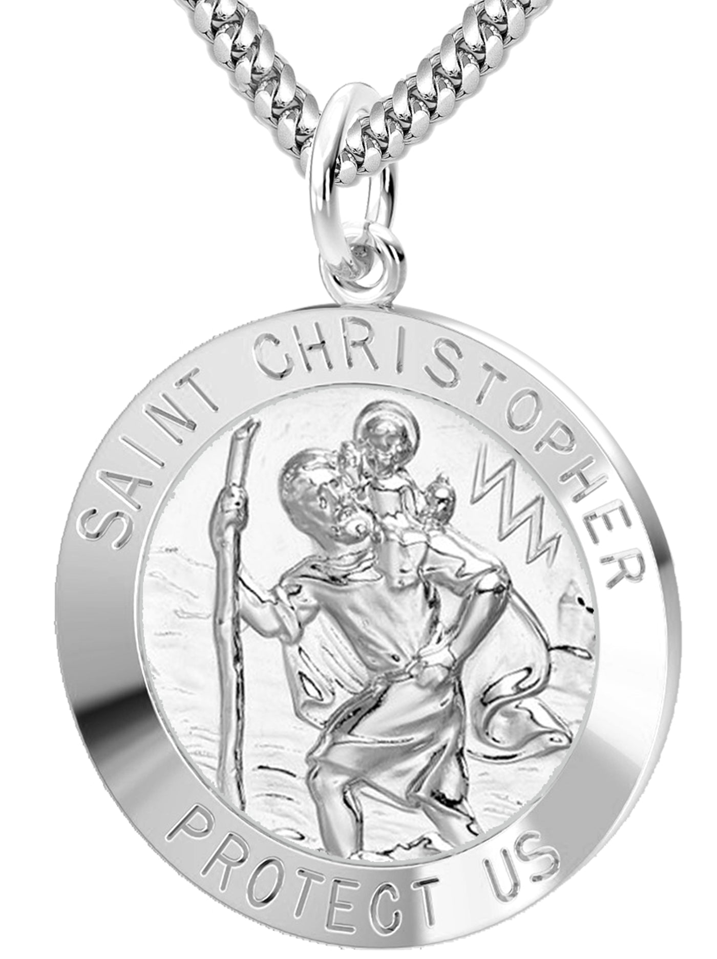 Men's Solid 925 Sterling Silver Saint Christopher Round Polished Pendant  Necklace, 25mm - 22in 3.5mm Miami Chain