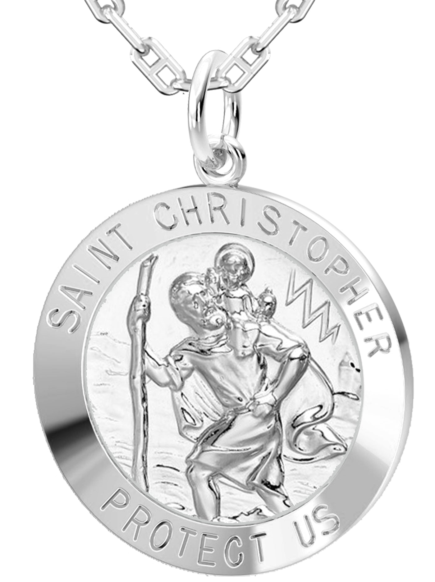 Men's Solid 925 Sterling Silver Saint Christopher Round Polished Pendant  Necklace, 25mm - 22in 2.9mm Alternate Marine Chain