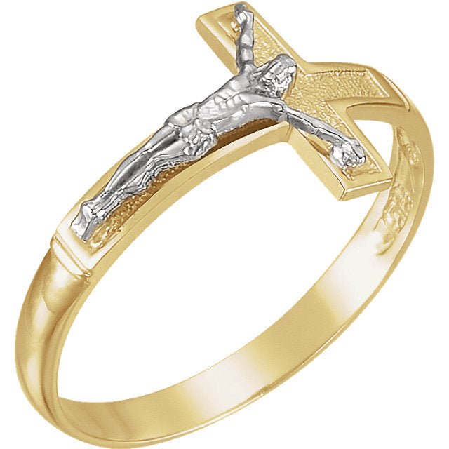 Men's Two Tone 14k Yellow and White Gold Crucifix Religious Catholic Ring - US Jewels