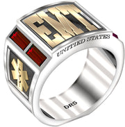 Men's Two Tone 925 Sterling Silver and 14k Yellow Gold Simulated Ruby EMT Medical Ring - US Jewels