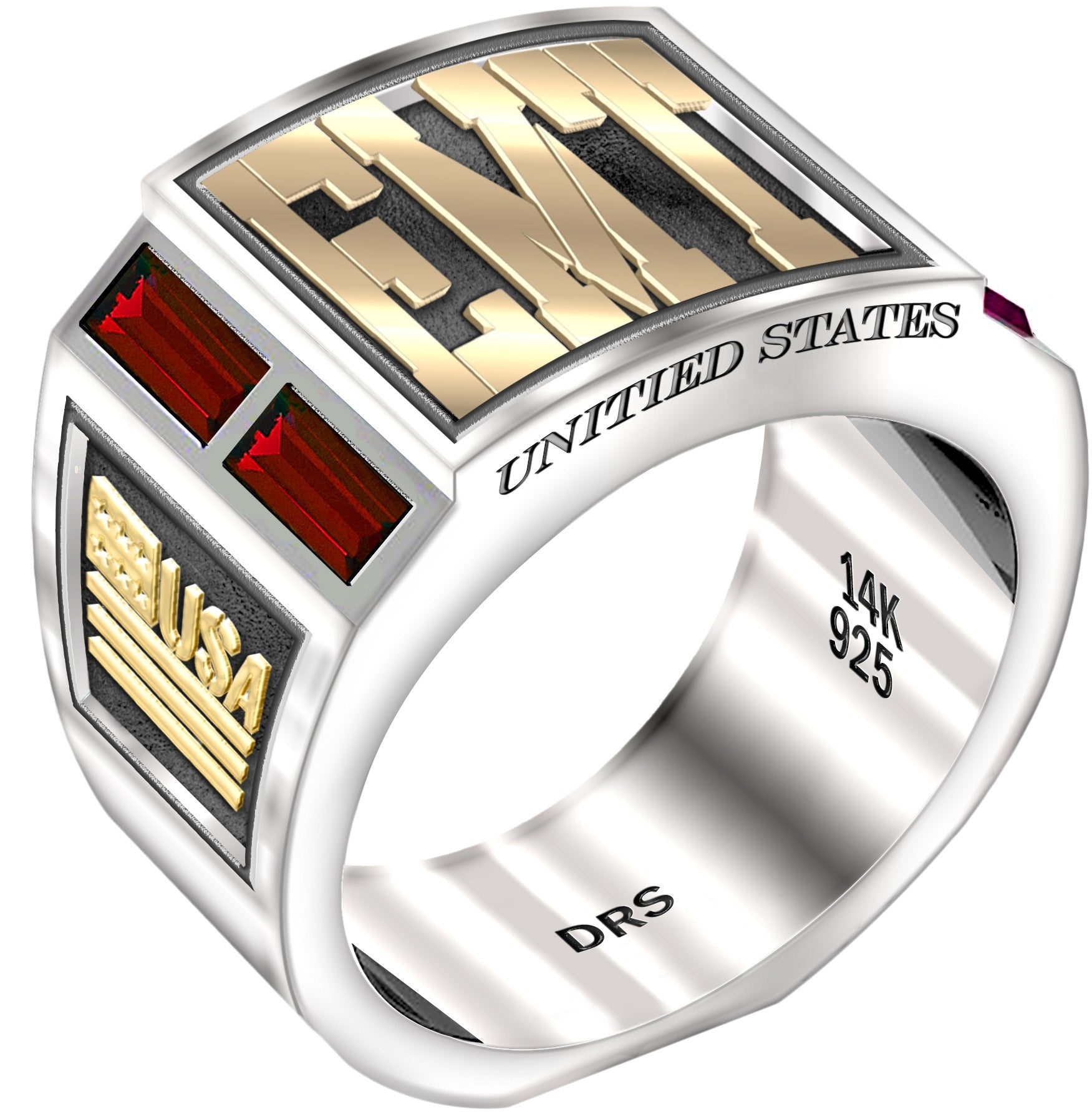 Men's Two Tone 925 Sterling Silver and 14k Yellow Gold Simulated Ruby EMT Medical Ring - US Jewels